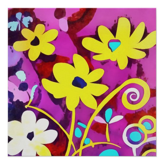 Abstracte gele bloemen op viva magenta perfect poster (Voorkant)