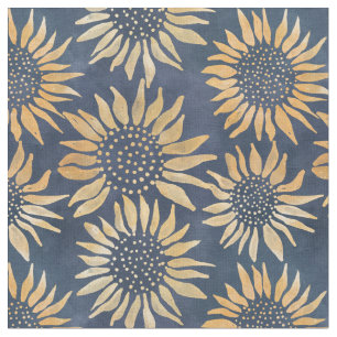 Abstracte Gele Zonnebloemen op Blauw Stof