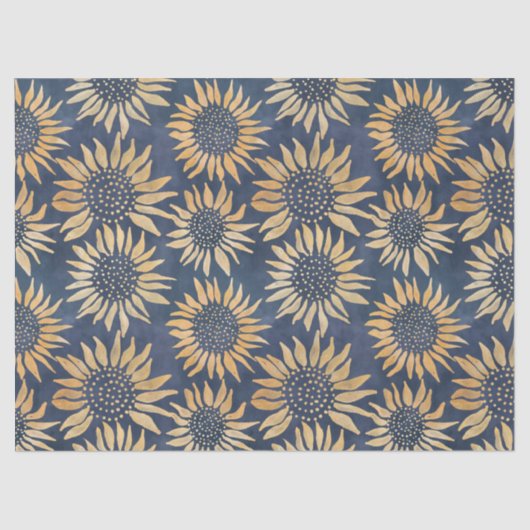 Abstracte Gele Zonnebloemen op Blauwe Decoupage Tissuepapier (Voorkant)