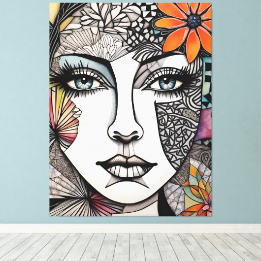 Abstracte gemengde media vrouwen gezicht canvas afdruk (Insitu (Houten vloer))