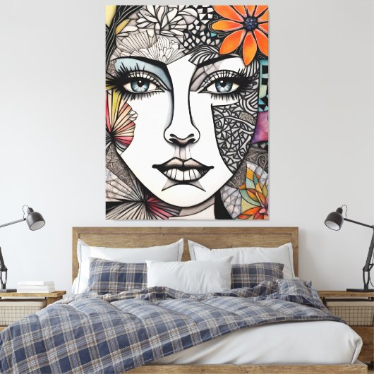 Abstracte gemengde media vrouwen gezicht canvas afdruk (Insitu (Slaapkamer))