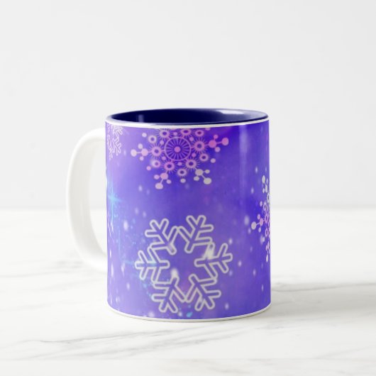 Abstracte geometrische blauwe sneeuwvlokken tweekleurige koffiemok (Voorkant links)