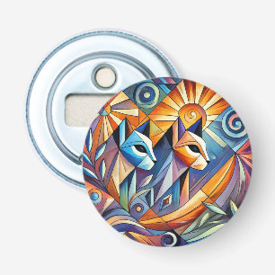 Abstracte geometrische katten met levendige kleure button flesopener