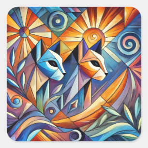 Abstracte geometrische katten met levendige kleure vierkante sticker
