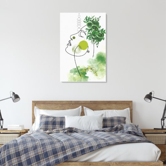 Abstracte gezichtskunst met groene bloemenkroon canvas afdruk (Insitu (Slaapkamer))