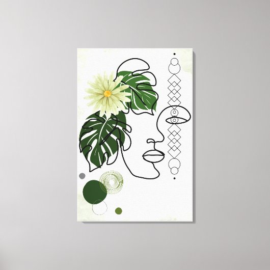 Abstracte gezichtskunst met tropische groene blade canvas afdruk (Voorkant)