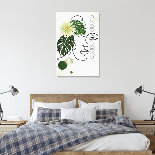 Abstracte gezichtskunst met tropische groene blade canvas afdruk (Insitu (Slaapkamer))