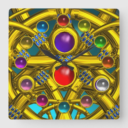 ABSTRACTE GOLD CELTIC KENNIS MET KLEURSTONEN VIERKANTE KLOK (Voorkant)