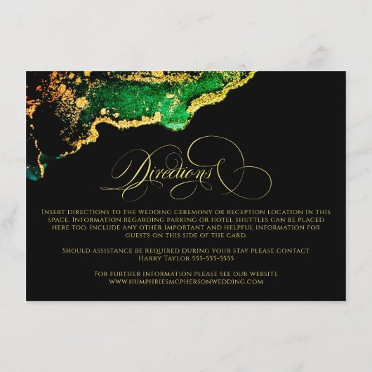 Abstracte Gold Emerald Green Reception Directions Informatiekaartje (Achterkant)