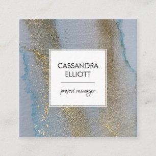 Abstracte Gouden Blauwe Shimmer Alcoholinkt Vloeib Vierkante Visitekaartje