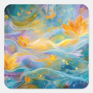 Abstracte Gouden Lotus Drijvende Bloemen  Vierkante Sticker