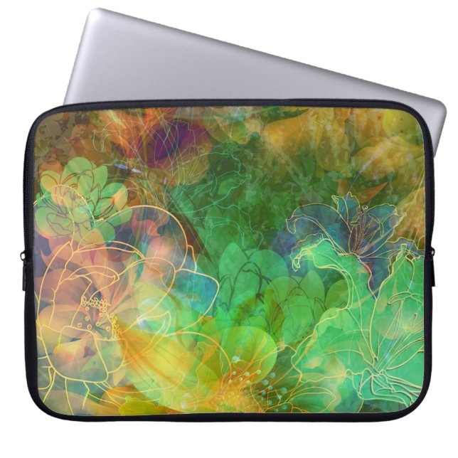 Abstracte groene bloemen laptop sleeve (Voorkant)