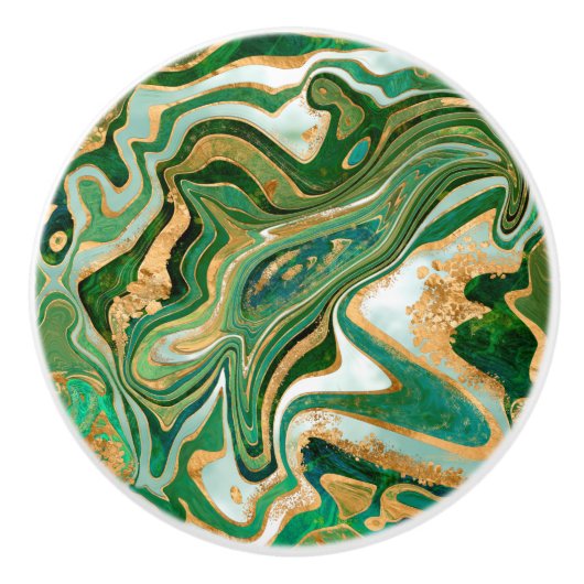 Abstracte groene en gouden vloeibare marmer keramische knop (Voorkant)