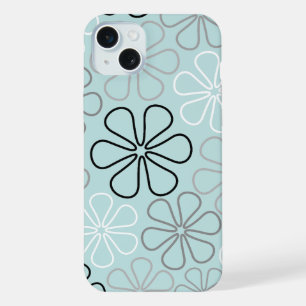 Abstracte grote bloemcontouren BWG + eendenei blau iPhone 15 Plus Case