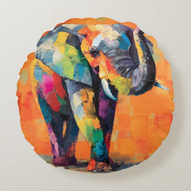 Abstracte Happy Rainbow Elephant Rond Kussen (Voorkant)