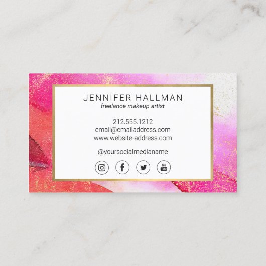 Abstracte helderroze Waterverf Faux Gold Dust Visitekaartje (Achterkant)