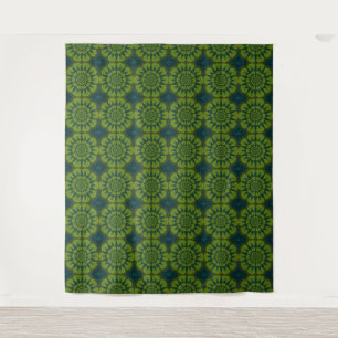 Abstracte Hippie Green & Navy Blue Flowers Ethnic Wandkleed
