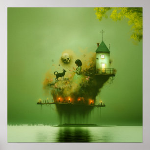 Abstracte Hoorns Cat Green Witchy AI Art Matte Waa Poster