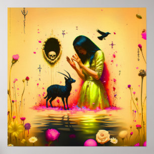 Abstracte Hoorns Kat Schedel Witchy AI Art Matte W Poster