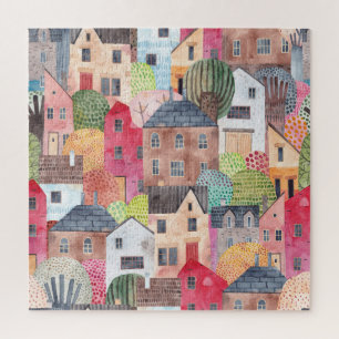 Abstracte huizen: Waterverf naadloze achtergrond. Legpuzzel