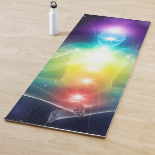 Abstracte humanoïde lotus yoga pose met chakras yogamat