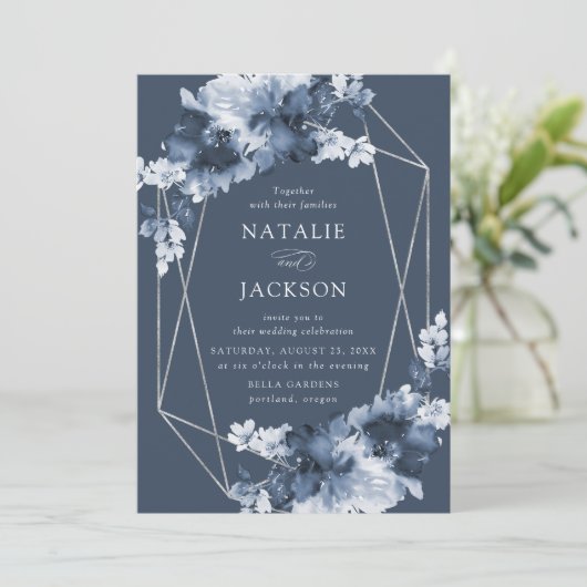Abstracte indigobloem | Geometrische Lijst bruilof Kaart (Staand voorkant)