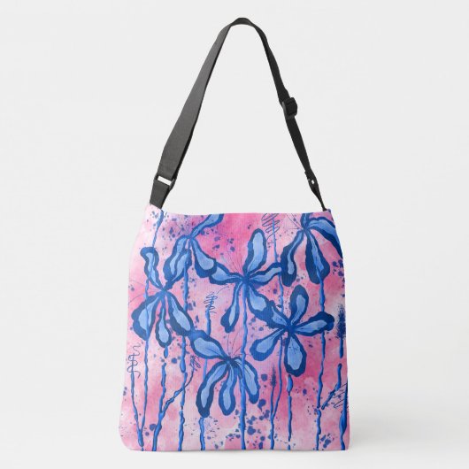 Abstracte Inktbloemen Roze & Blauw Crossbody Tas (Achterkant)