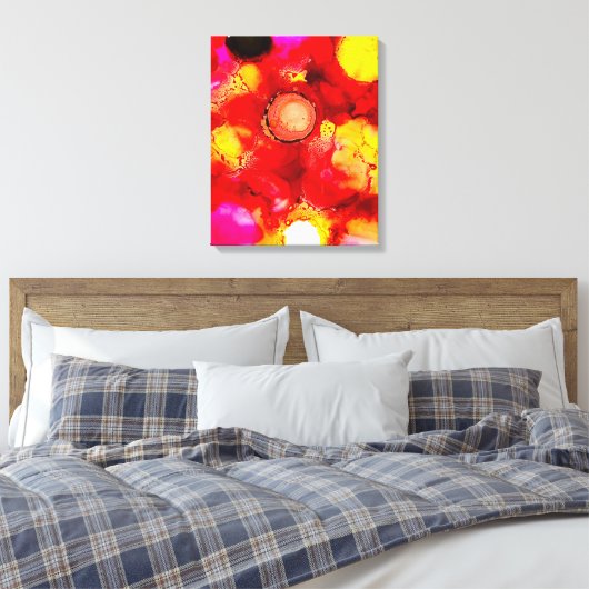 Abstracte inktkunst geel rood en roze canvas afdruk (Insitu (Slaapkamer))