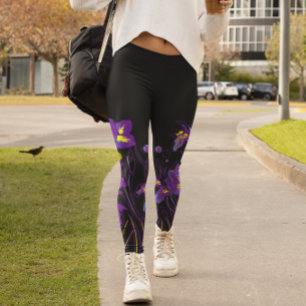 Abstracte Iris Bloemen op Zwarte Kleurrijke Leggings