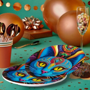 Abstracte kat met gele ogen  papieren bordje