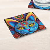 Abstracte kat met gele ogen vierkante kartonnen onderzetter (Schuin)