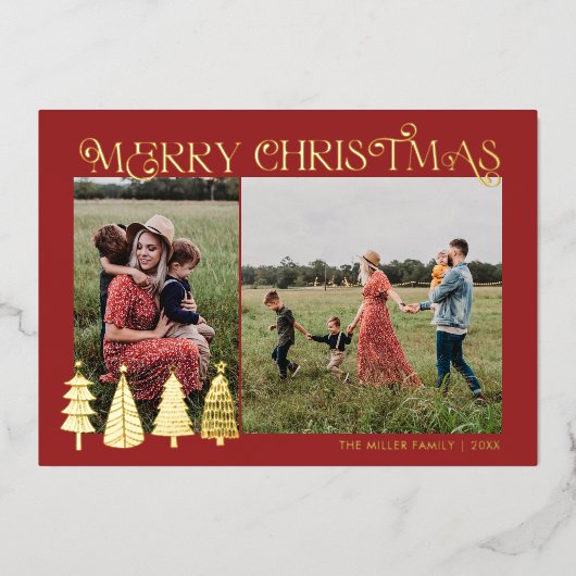 Abstracte kerstbomen Twee foto Gold Foil Holi Folie Feestdagenkaart (Voorkant)