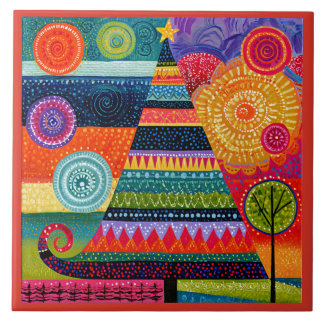 Abstracte Kerstboom, Kleurrijke Volkskunst, Tegeltje