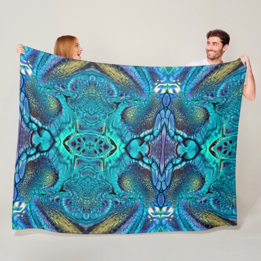 Abstracte kleurenexplosie Aqua Blue Gold Fleece Deken (In situ)