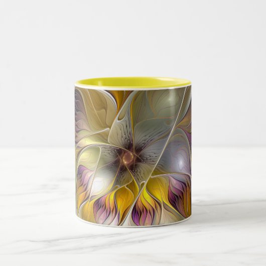 Abstracte kleurrijke Fantasy Flower Modern Fractal Tweekleurige Koffiemok (Center)