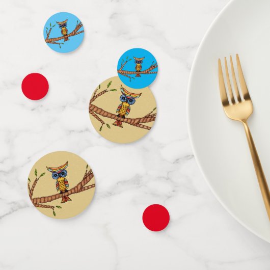 Abstracte kleurrijke Owl Blue Eyes op Branch Leave Confetti (Groep)