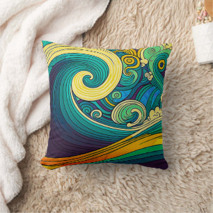 Abstracte kleurrijke Retro 70s Hippie Waves Artwor Kussen