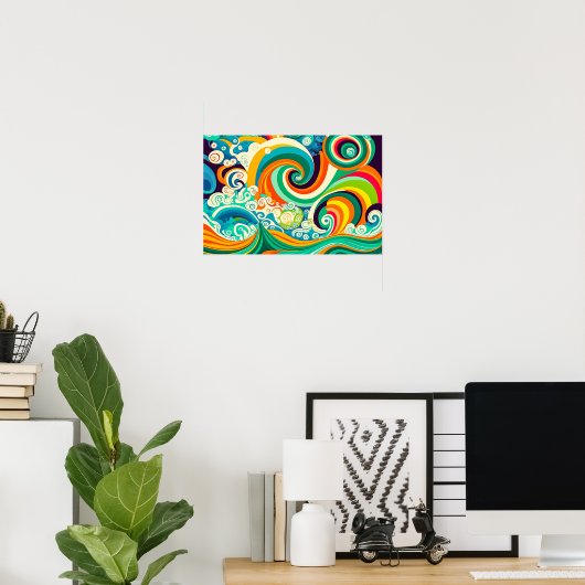Abstracte kleurrijke Retro 70s Hippie Waves Artwor Poster (Thuiskantoor)