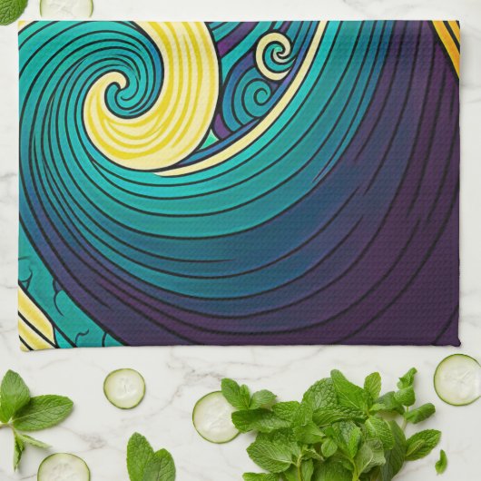 Abstracte kleurrijke Retro 70s Hippie Waves Artwor Theedoek (Gevouwen)