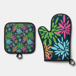 Abstracte kleurrijke vuurwerkbloemen ovenwant & pannenlap set