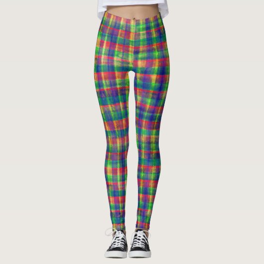 Abstracte kleurrijke Waterverf Plaid Pattern Leggings (Voorkant)