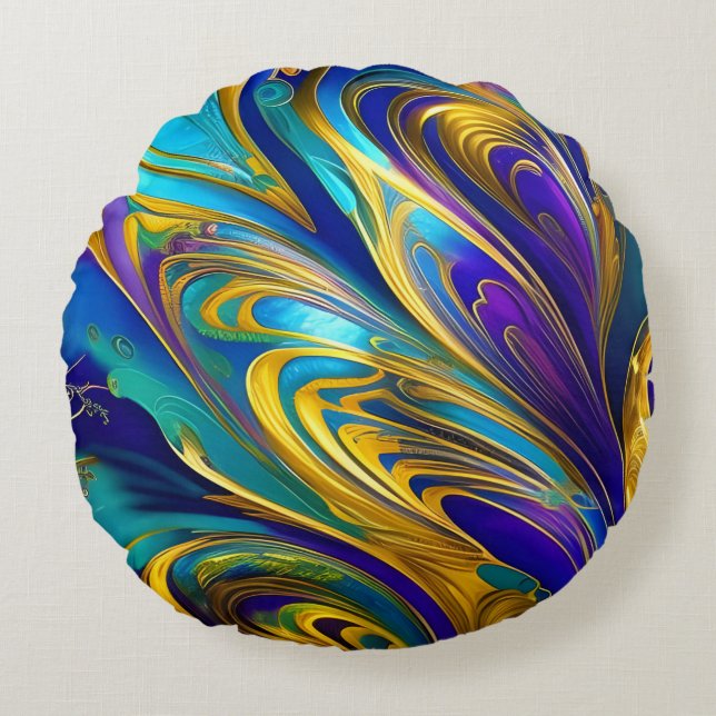 Abstracte kleurrijke zwuiten, blauwe goudpaarse bl rond kussen (Voorkant)