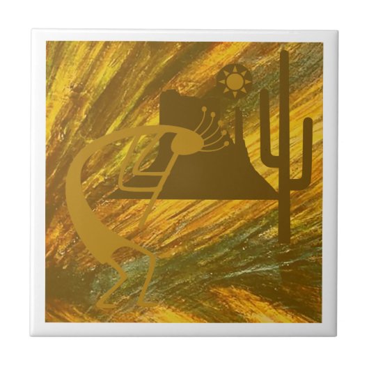 Abstracte Kokopelli met Mesa, Cactus & Sun Tegeltje (Voorkant)