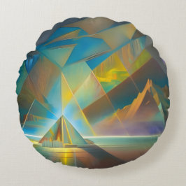 abstracte kunst met gouden en blauwe piramide rond kussen