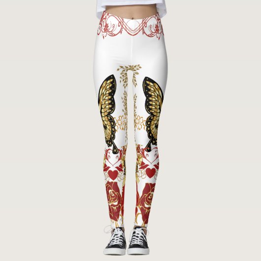Abstracte kunst Rozen vlindervlies hartig goud Leggings (Voorkant)