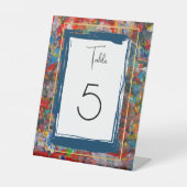 Abstracte Kunst - Verf- Blauw en Gouden Tafelnumme Reclamebord Met Voetstuk (Voorkant)