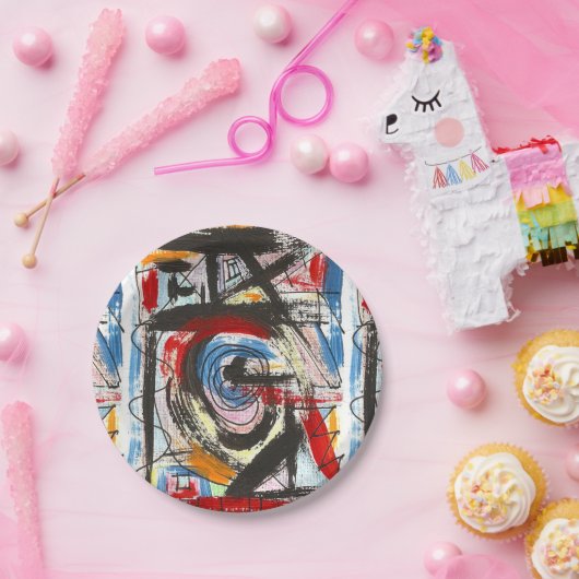 Abstracte kunstborstels met stapelwijze en handsch papieren bordje (Feest)