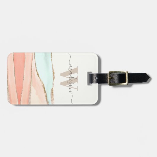 Abstracte kustWaterverf met naam en monogram Bagagelabel (Voorkant horizontaal)
