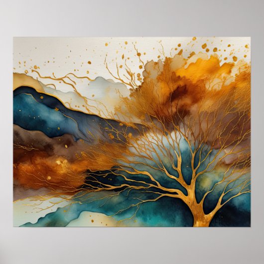 Abstracte Landschapschildering Goud Roest Blauw Poster (Voorkant)