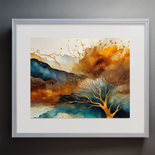 Abstracte Landschapschildering Goud Roest Blauw Poster